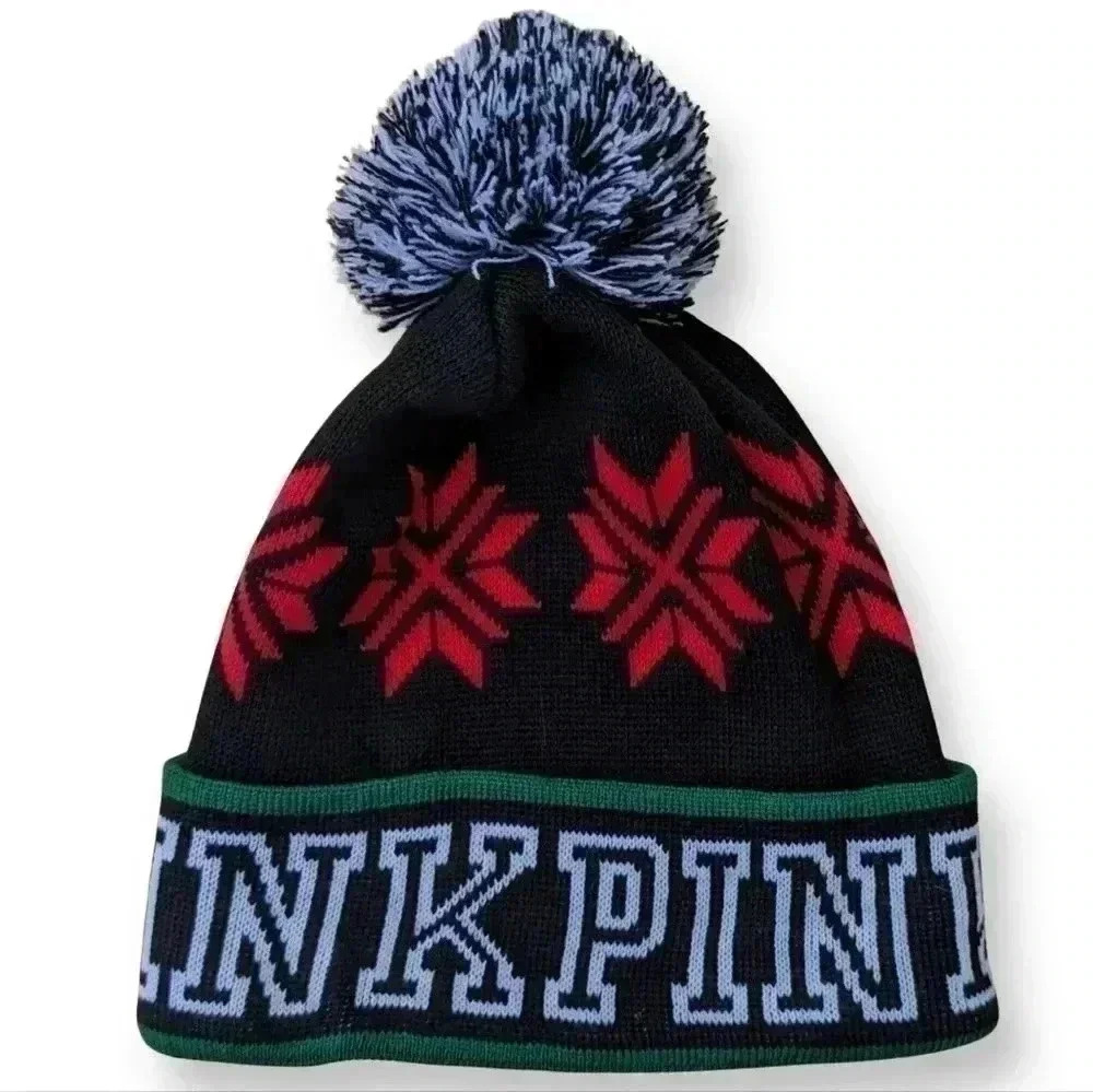VICTORIA'S Secret PINK Beanie Snowflake Winter Snow Hat Black/Red w/ Pom Pom